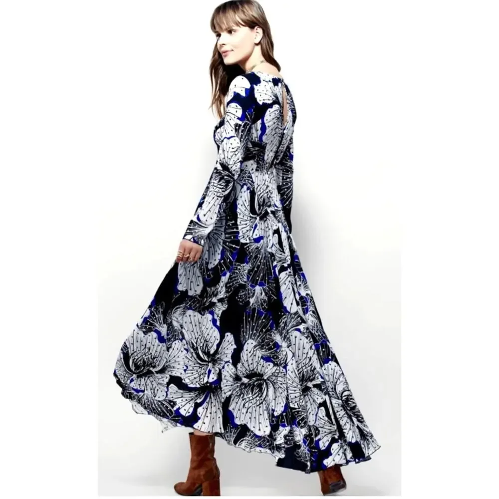 Free People XS Blue White Floral Maxi Dress Boho Romantic Festival
